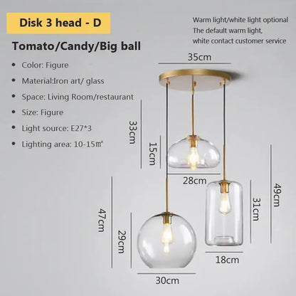 Industrial loft glass pendant light brass trio for dining room