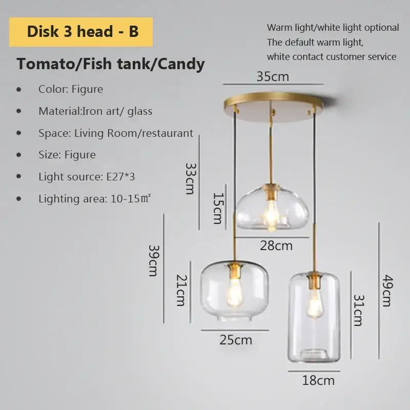 Industrial loft glass pendant light brass trio for dining room