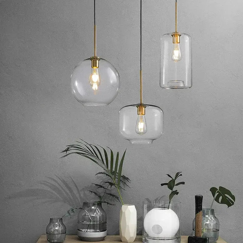 Industrial loft glass pendant light brass trio for dining room