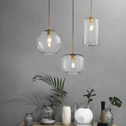 Industrial loft glass pendant light brass trio for dining room