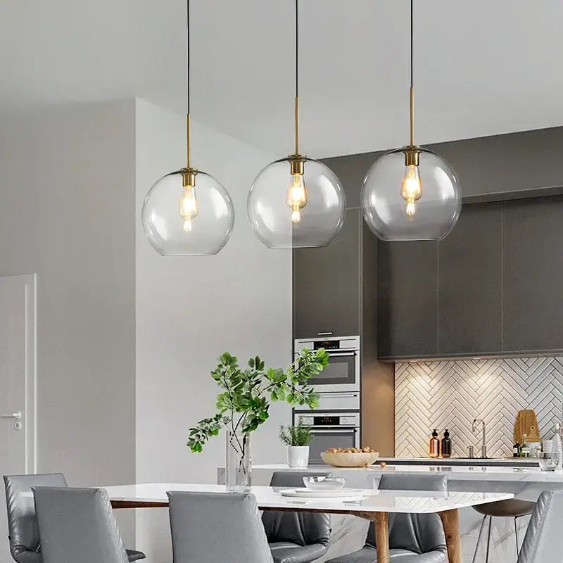 Industrial loft glass pendant light brass trio for dining room