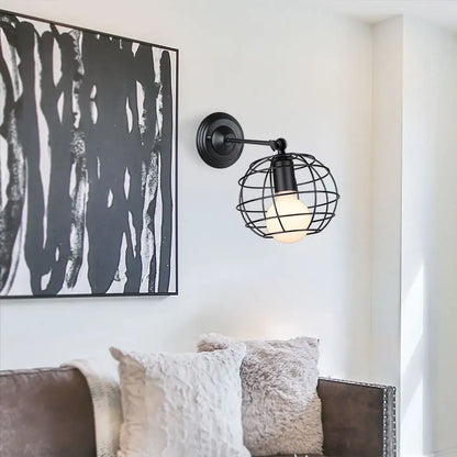Industrial loft led cage wall light sconce bedroom brass glass lamp