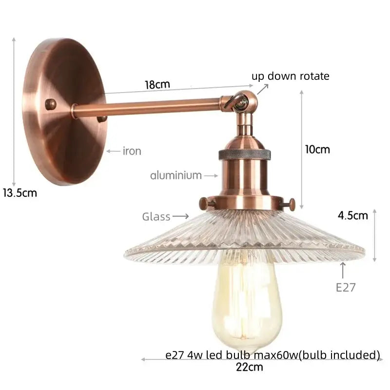 Industrial loft led copper wall light with glass shade bedroom