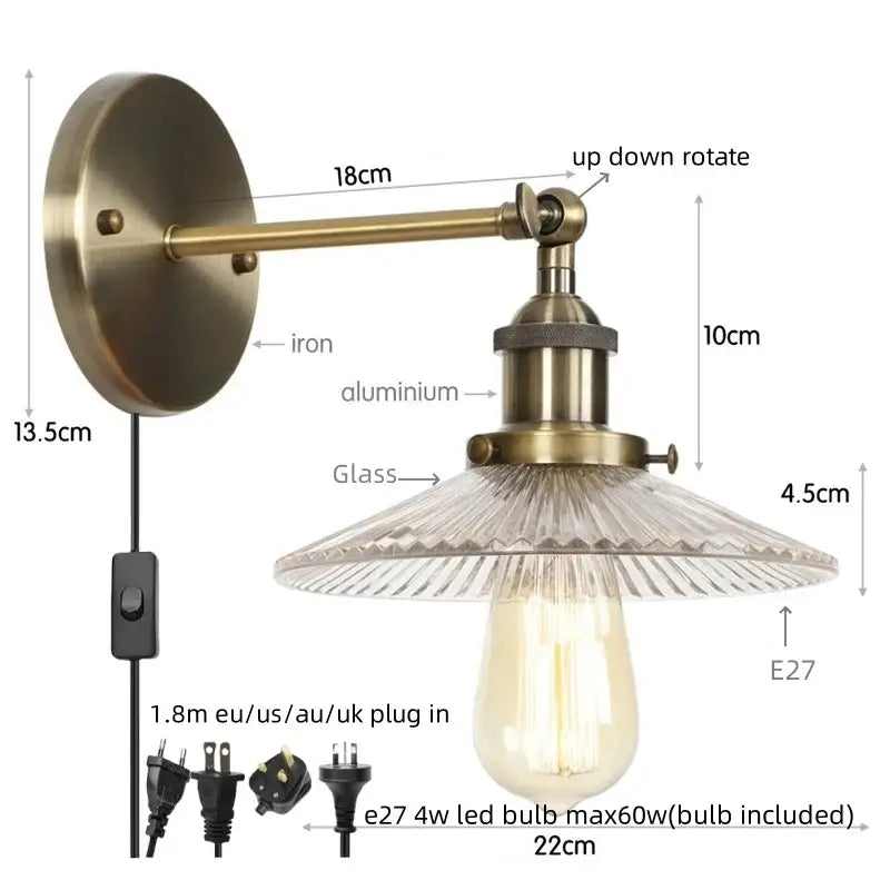 Industrial loft led copper wall light with glass shade bedroom