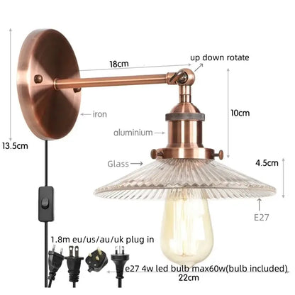 Industrial loft led copper wall light with glass shade bedroom