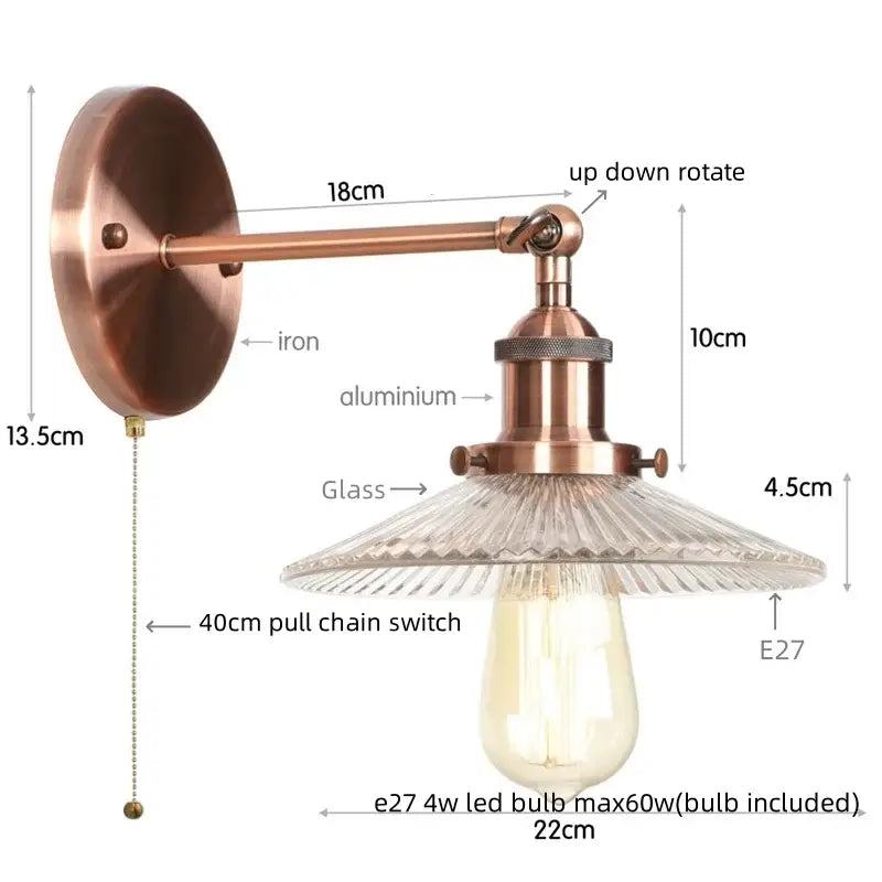 Industrial loft led copper wall light with glass shade bedroom