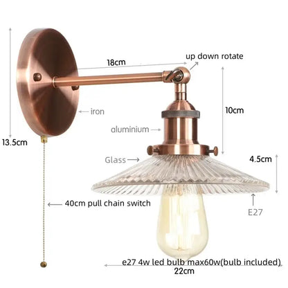 Industrial loft led copper wall light with glass shade bedroom