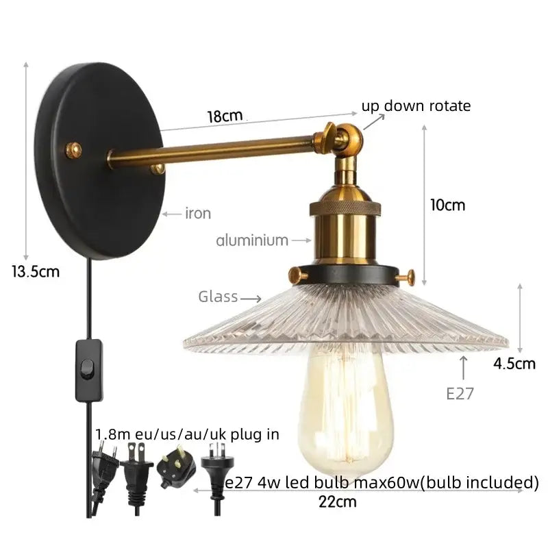 Industrial loft led copper wall light with glass shade bedroom