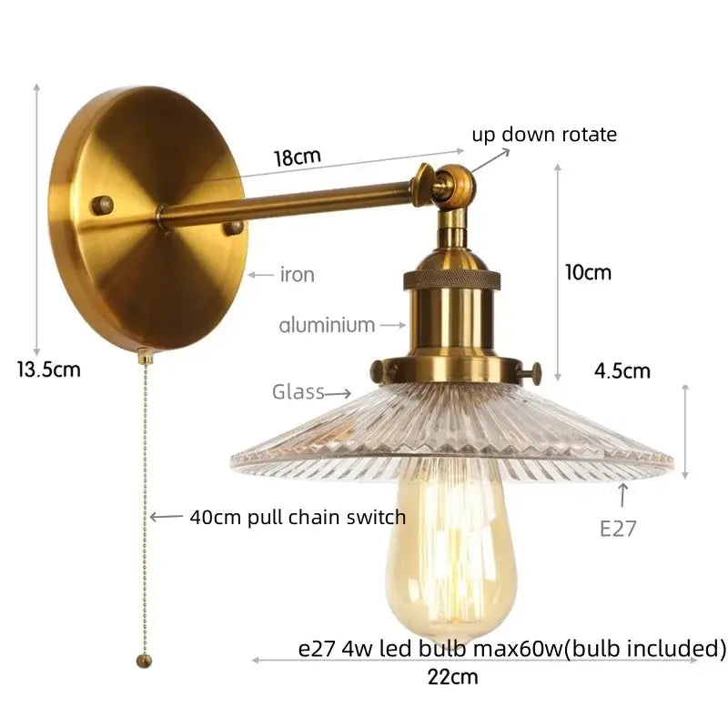 Industrial loft led copper wall light with glass shade bedroom