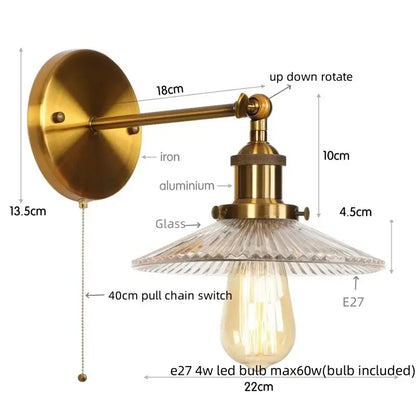 Industrial loft led copper wall light with glass shade bedroom