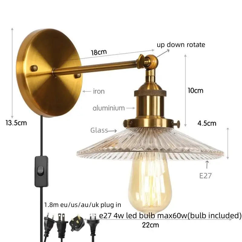 Industrial loft led copper wall light with glass shade bedroom