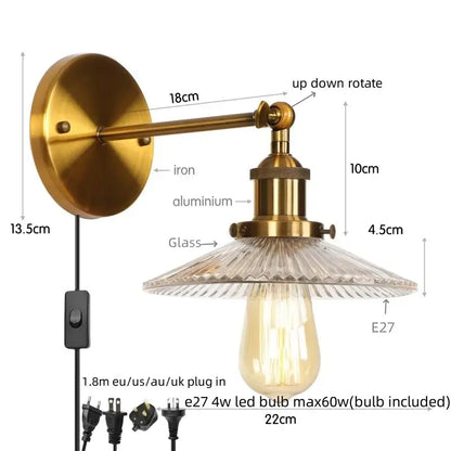 Industrial loft led copper wall light with glass shade bedroom