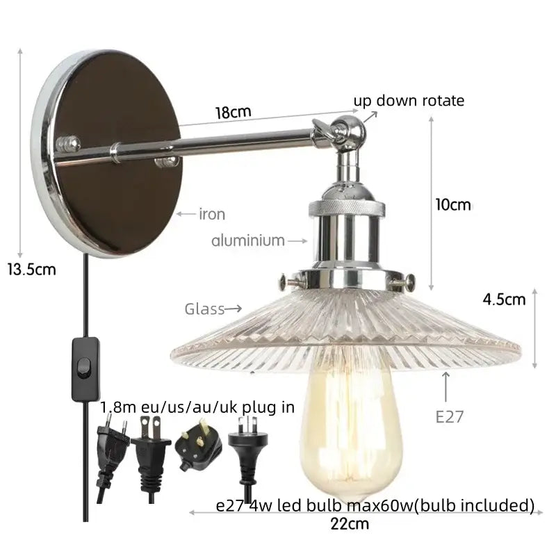 Industrial loft led copper wall light with glass shade bedroom