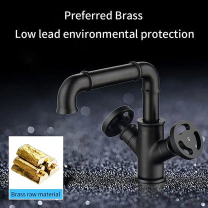 Industrial matte black brass bathroom faucets with wheel handles