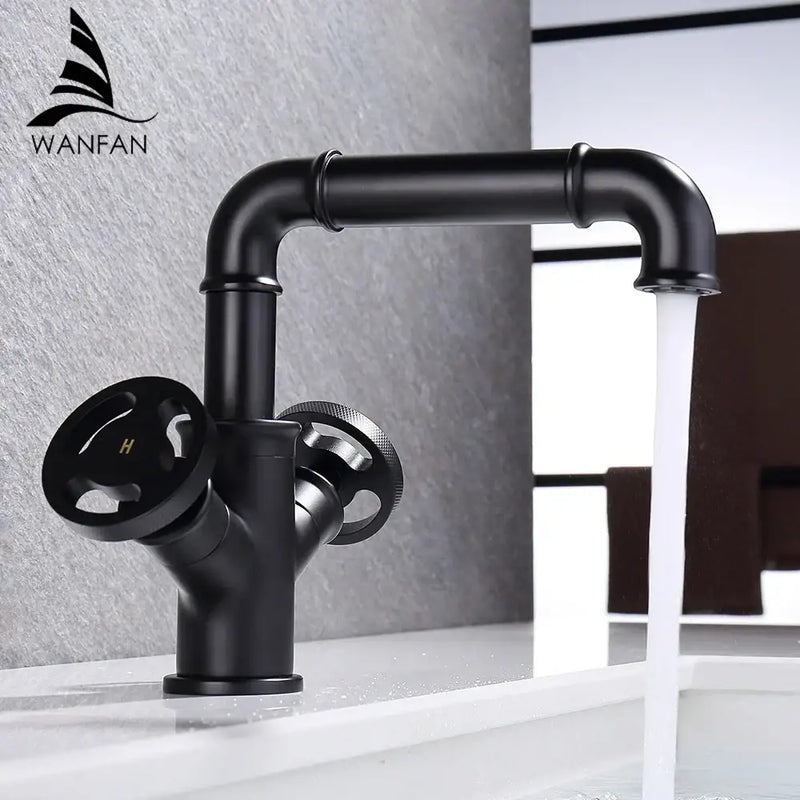 Industrial matte black brass bathroom faucets with wheel handles