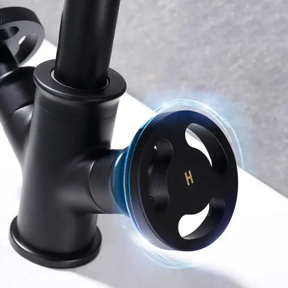 Industrial matte black brass bathroom faucets with wheel handles