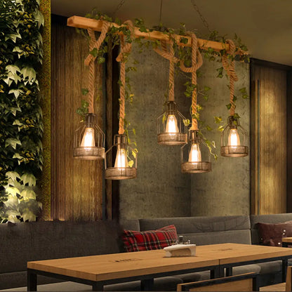 DecorBites™ Industrial Metal Caged Island Pendant Light with Rope Hanging Lamp - Brown