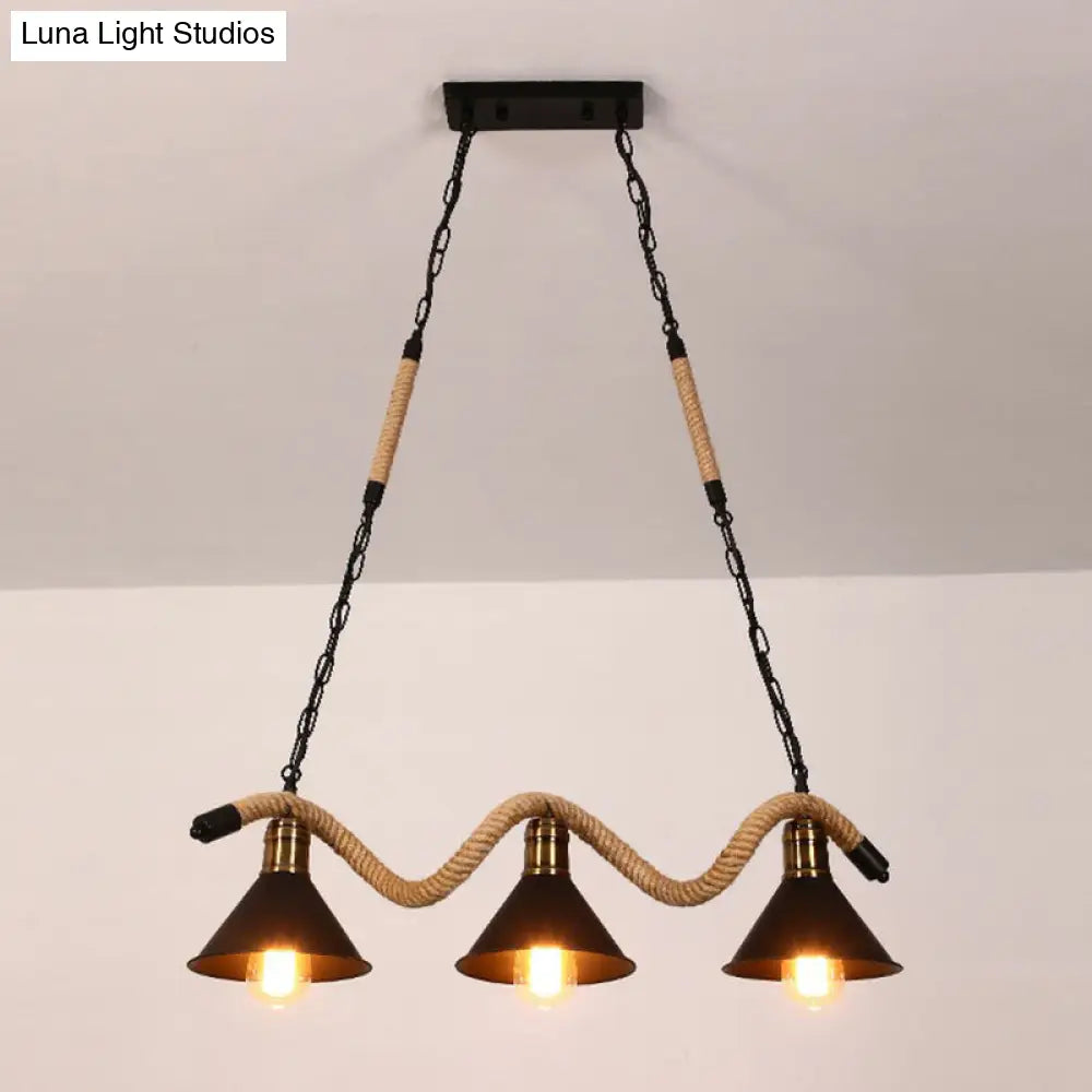 DecorBites™ Industrial Metal Cone Island Pendant Light - Matte Black Finish with Twisted Rope Detailing