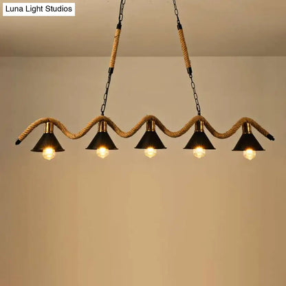 DecorBites™ Industrial Metal Conical Island Ceiling Light Bar Pendant with Wavy Hemp Rope - Black