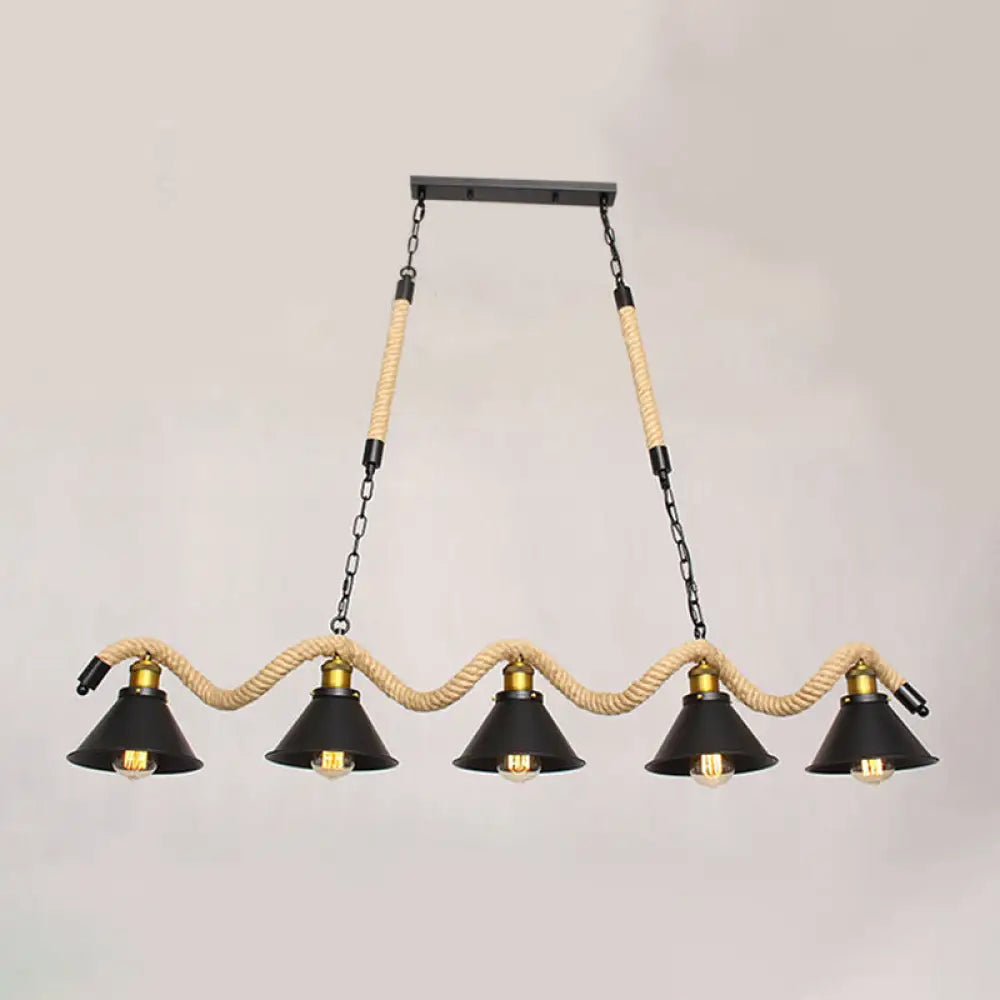 DecorBites™ Industrial Metal Conical Island Ceiling Light Bar Pendant with Wavy Hemp Rope - Black