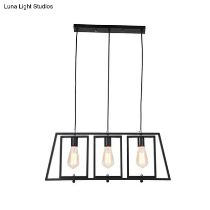 DecorBites™ Industrial Metal Hanging Pendant Light Fixture - Trapezoid Frame - 3-Light - Black - Rectangle Shade - for Kitchen Island