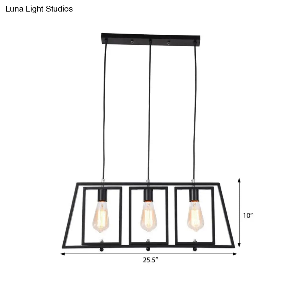 DecorBites™ Industrial Metal Hanging Pendant Light Fixture - Trapezoid Frame - 3-Light - Black - Rectangle Shade - for Kitchen Island