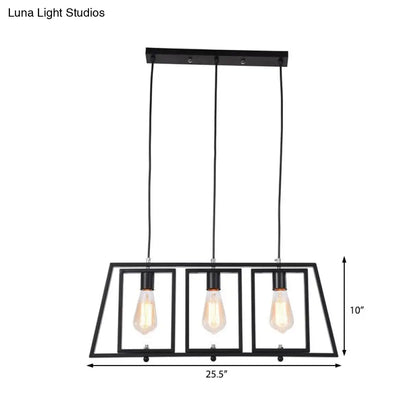 DecorBites™ Industrial Metal Hanging Pendant Light Fixture - Trapezoid Frame - 3-Light - Black - Rectangle Shade - for Kitchen Island
