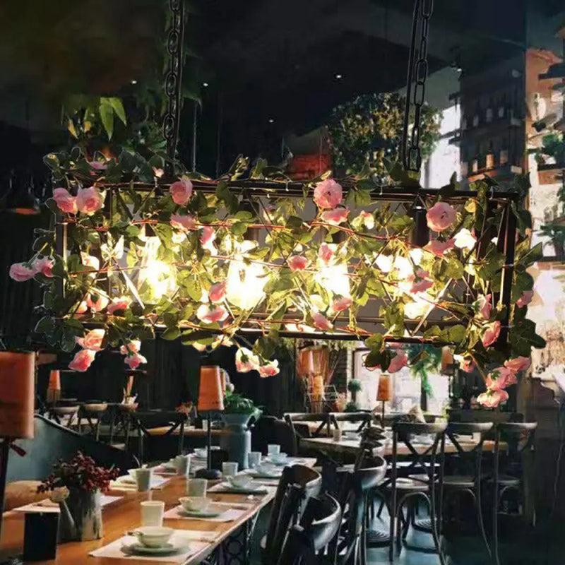 DecorBites™ Industrial Metal Rectangle LED Island Lamp - Black Finish, 4 Heads, Flower Design - for Restaurant