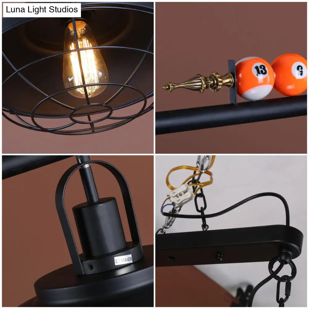 DecorBites™ Industrial Metal Wire Frame Island Light with Barn Shade - Black Finish, 2/3 Heads, Ideal for Billiard Room