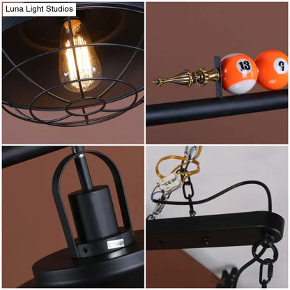 DecorBites™ Industrial Metal Wire Frame Island Light with Barn Shade - Black Finish, 2/3 Heads, Ideal for Billiard Room