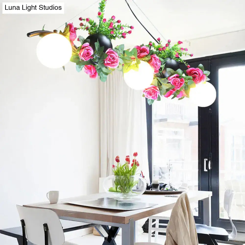 Industrial opal glass pink rose floral pendant light dining room