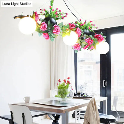 Industrial opal glass pink rose floral pendant light dining room