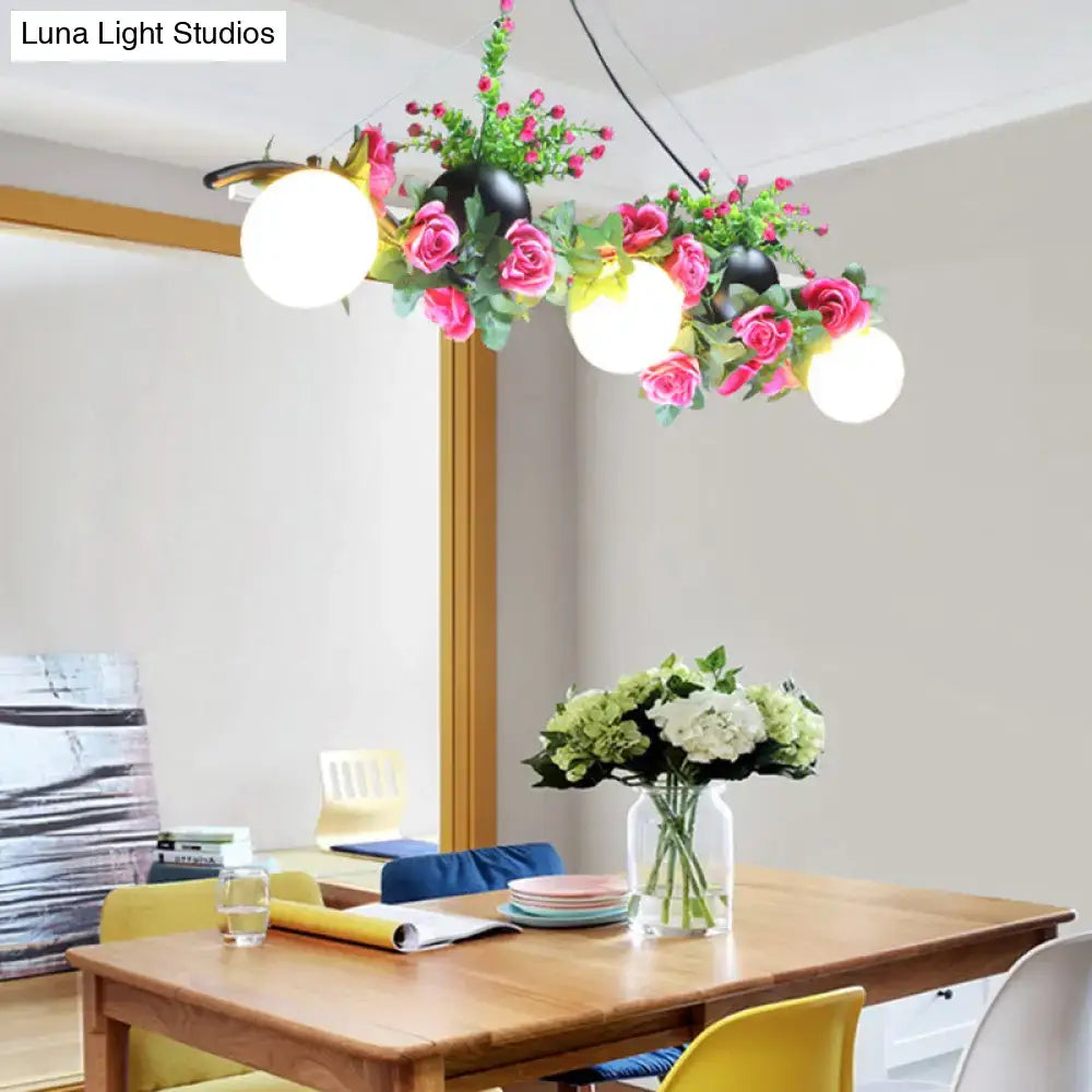 Industrial opal glass pink rose floral pendant light dining room
