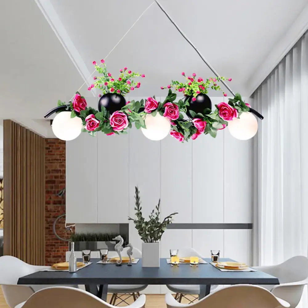 Industrial opal glass pink rose floral pendant light dining room