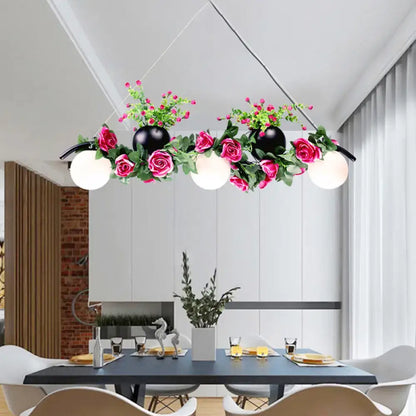 Industrial opal glass pink rose floral pendant light dining room