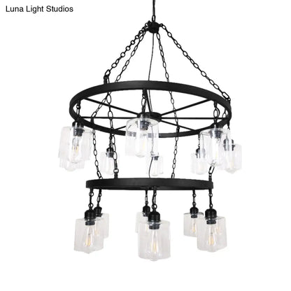 DecorBites™ Industrial Pendant Chandelier: 2-Tier Wheel Multi-Light Lamp with Clear Glass, Black Finish, and Cylinder Shade