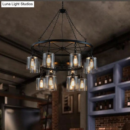 DecorBites™ Industrial Pendant Chandelier: 2-Tier Wheel Multi-Light Lamp with Clear Glass, Black Finish, and Cylinder Shade