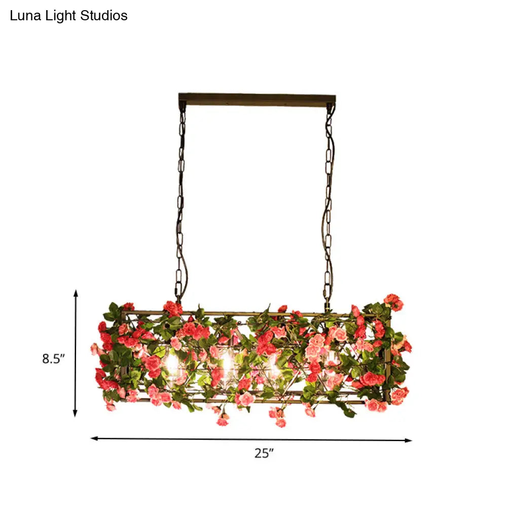 DecorBites™ Industrial Rectangular Brass LED Pendant Light with 4 Bulbs - Ideal for Bedroom