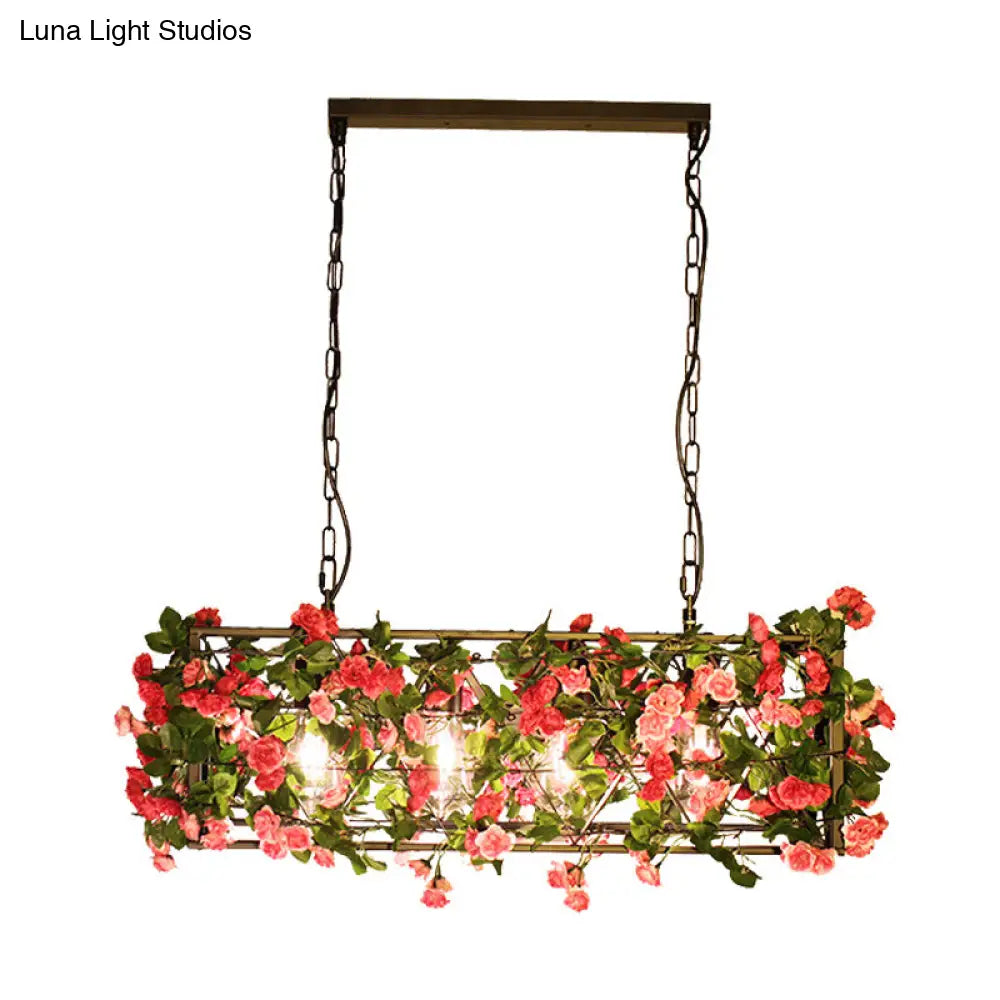DecorBites™ Industrial Rectangular Brass LED Pendant Light with 4 Bulbs - Ideal for Bedroom