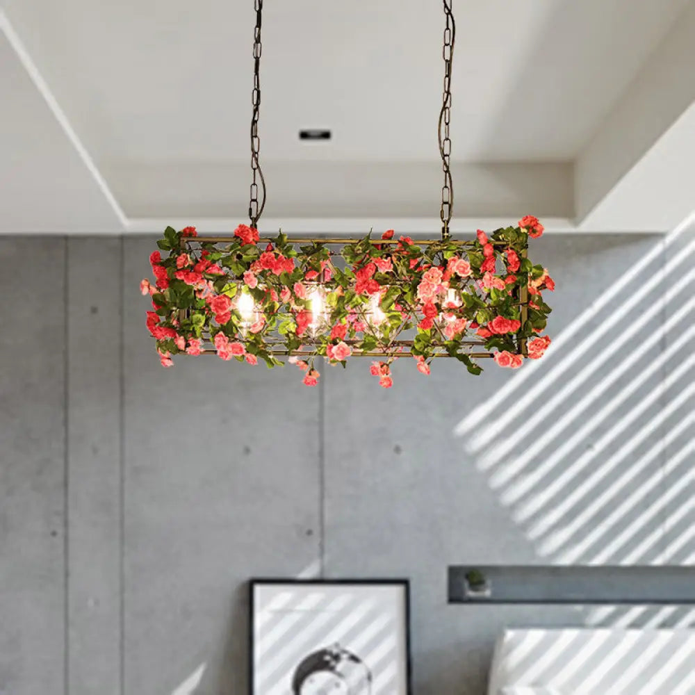 DecorBites™ Industrial Rectangular Brass LED Pendant Light with 4 Bulbs - Ideal for Bedroom