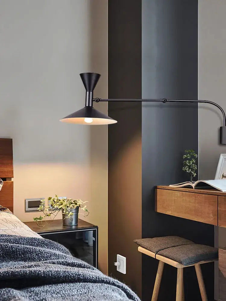 Industrial retro black & white swing arm wall lamp bedroom light