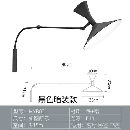 Industrial retro black & white swing arm wall lamp bedroom light