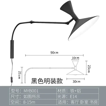 Industrial retro black & white swing arm wall lamp bedroom light