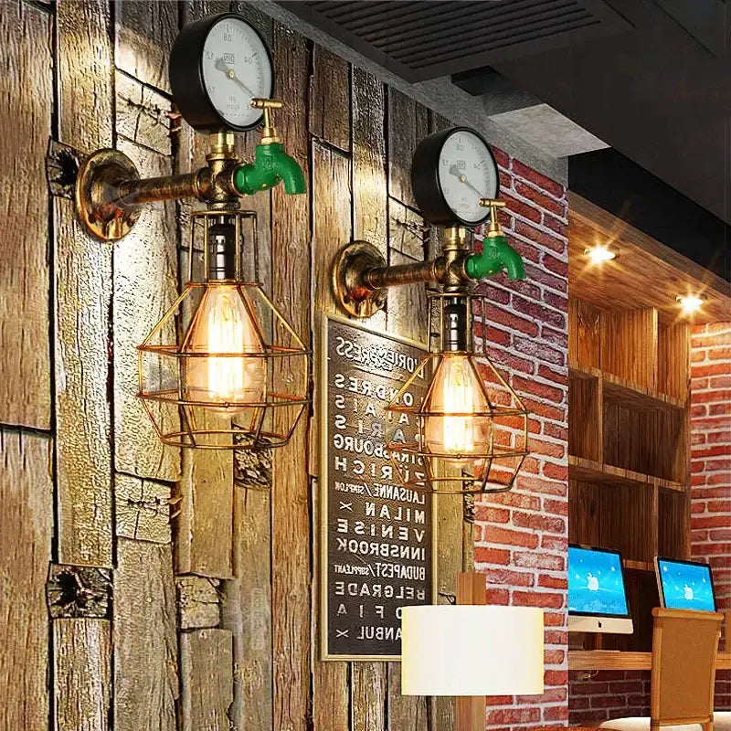 Industrial retro green faucet wall light bedroom steam punk lamp