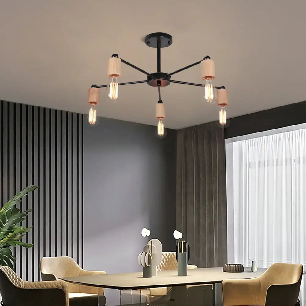 Industrial rod iron wood ceiling lamp living room globe chandelier
