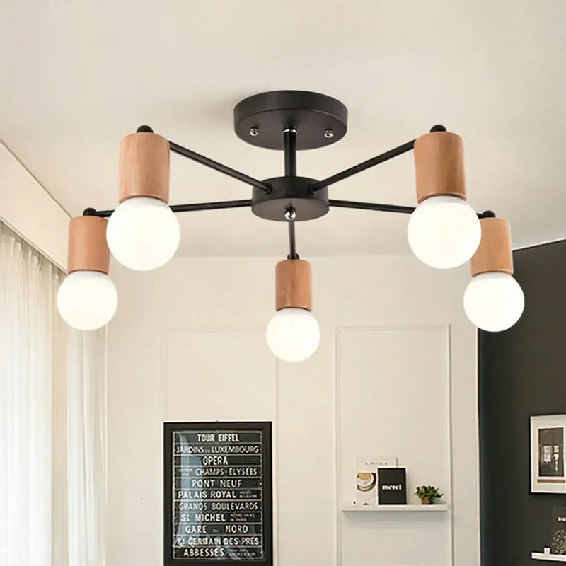 Industrial rod iron wood ceiling lamp living room globe chandelier
