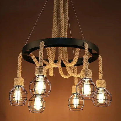 Industrial rustic pendant lights dining room rope and wire cages