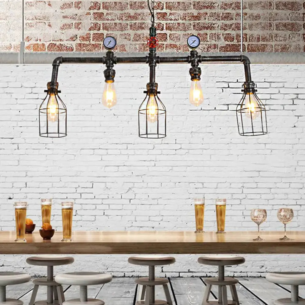 Industrial silver metallic caged hanging lamp kitchen pressure gauge