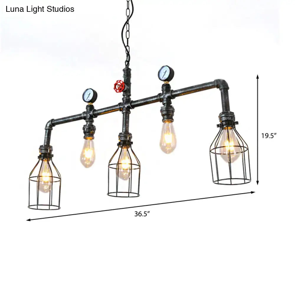 Industrial silver metallic caged hanging lamp kitchen pressure gauge