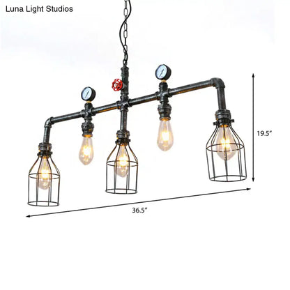Industrial silver metallic caged hanging lamp kitchen pressure gauge